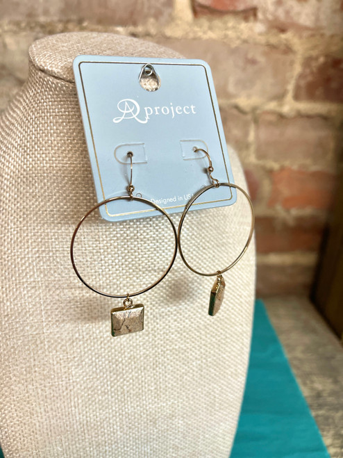 Earrings, Square Stone & Gold Circle