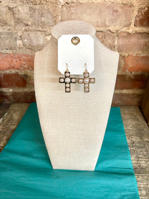Earrings, Pearl Cross Drop