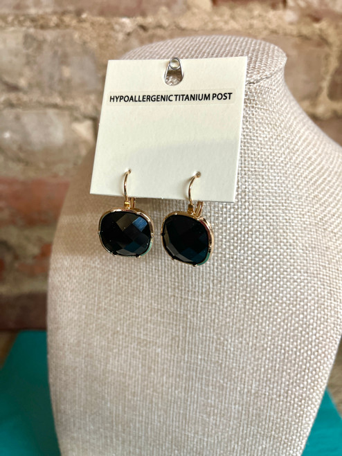 Earrings, Black Faceted Stone
