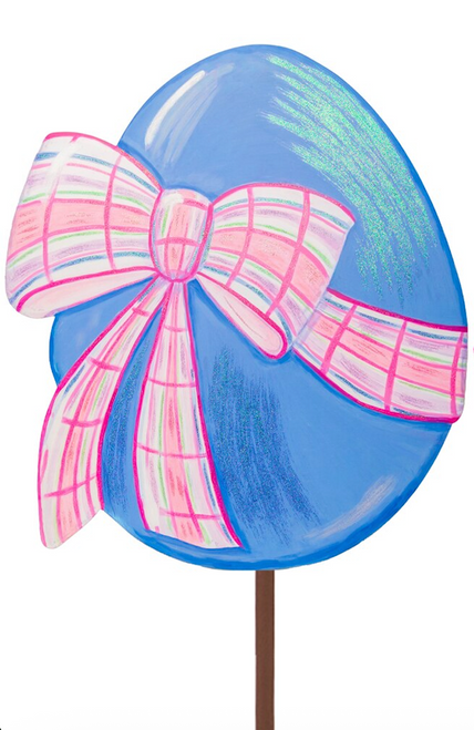 *NEW* Stake, Periwinkle Egg with Plaid Bow