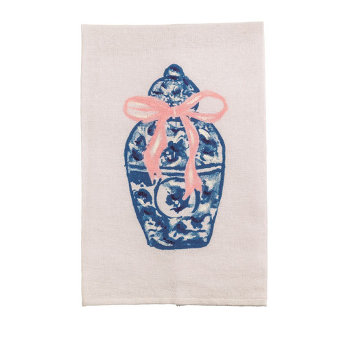Towel, Painted Ginger Jar With Pink Bow