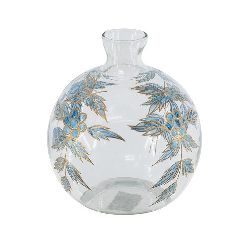 Vase, Round Clear With Painted Flowers