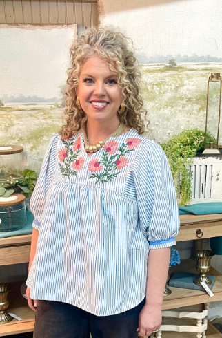 Shirt, Striped Baby Doll Embroidered LARGE