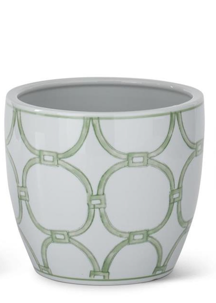 Pot, Green & White Ceramic Pots W/ Drain MEDIUM