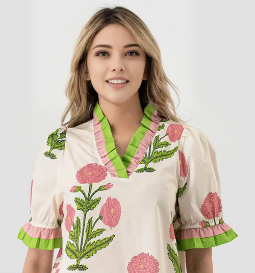 Shirt, Lori Ruffle Neck Poplin Floral SMALL