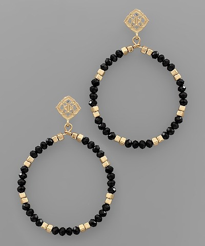 Earrings, Black Crystal Bead Circle