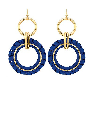 Earrings, Blue Wrapped Raffia Circle Drop