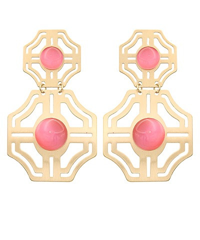 Earrings, Brass Cutout & Pink Dangle