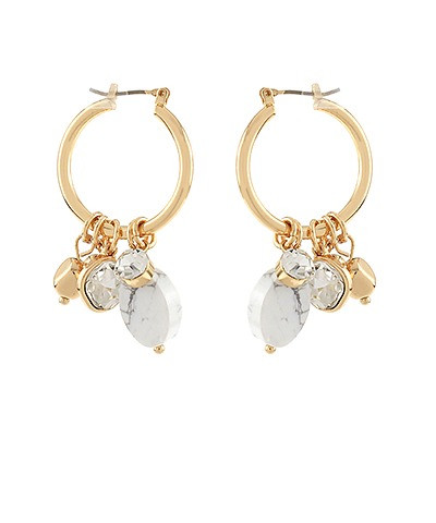 Earrings, White and Gold Charm Hoops