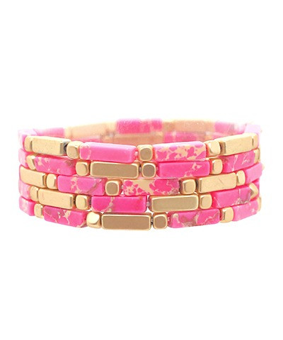 Bracelets, Set of Five Metal & Stone Beads Pink