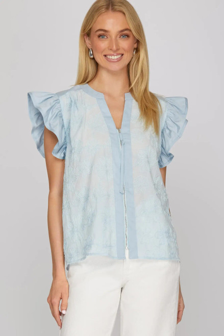 Shirt, Blue Zip Up Ruffle Sleeve SMALL