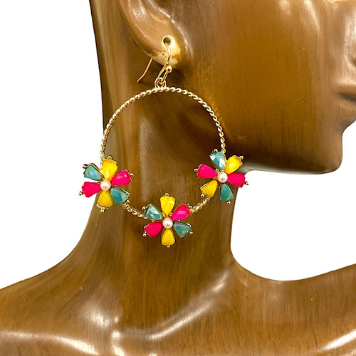 Earrings, Crystal Flower Hoops