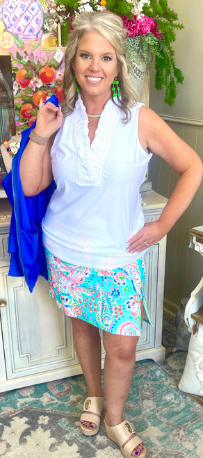 Shirt, White Evelyn Ruffle Neckline Sleeveless