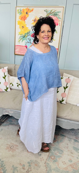 Shirt, Round Neck Blouse Linen Blue