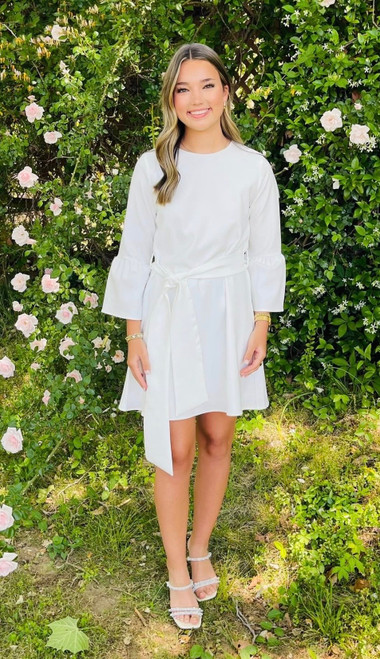Dress, White Flare Three Quarter Sleeve Mini A Line