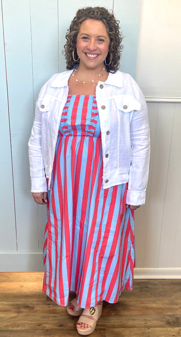 Dress, Striped Ruffled Bodice Midi Blue/Red
