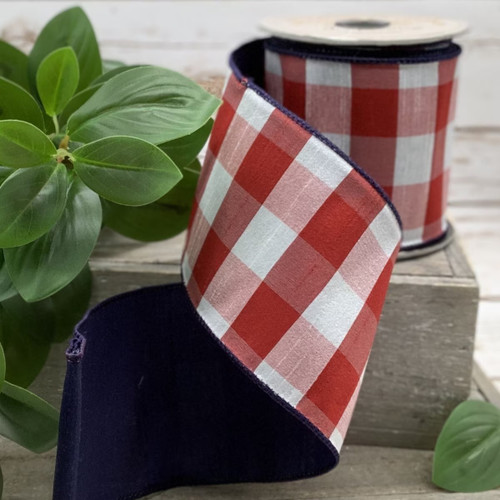 Ribbon, Red and White Check With Navy Back