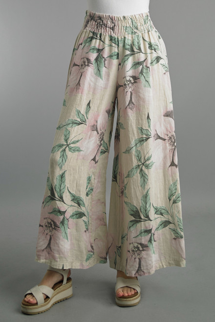Pants, Italian Linen Beige With Pink Floral