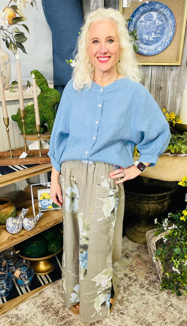 Pants, Taupe Linen With Blue Florals
