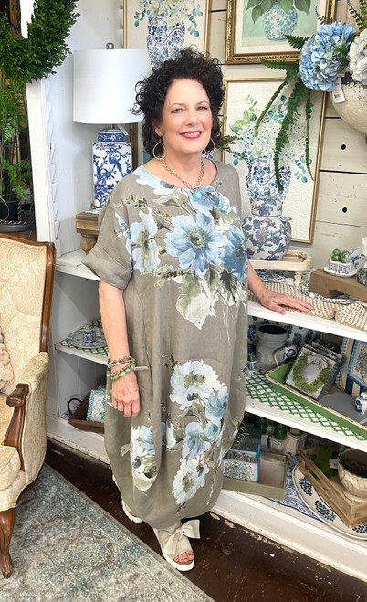 Dress, Linen Taupe WIth Blue Florals