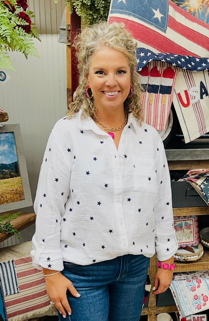 Shirt, White With Blue Stars Button Up