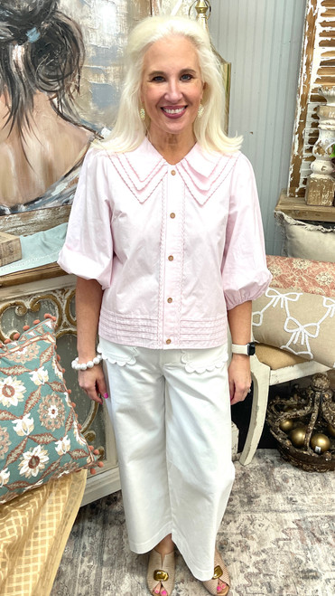 Pants, White Cropped With Scalloped Front Pockets