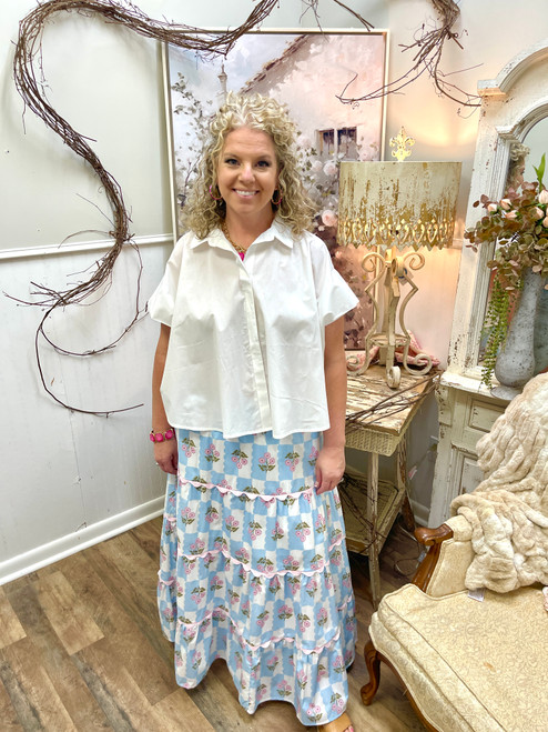 Skirt, Blue and White Check With Pink Ric Rac and Flowers
