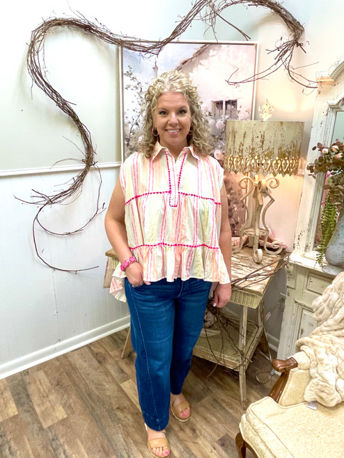 Shirt, Collared Ivory With Mulit-color Stitch Stripes