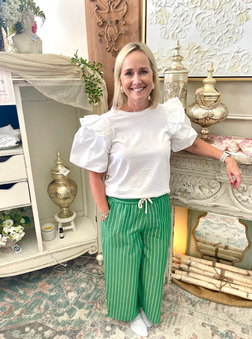 Pants, Green Drawstring Stripe Wide