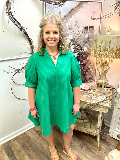Dress, Kelly Green Collar Neck Puff Sleeve