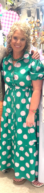 Dress, Green and Pink Cotton Poplin Printed Puff Sleeve Maxi
