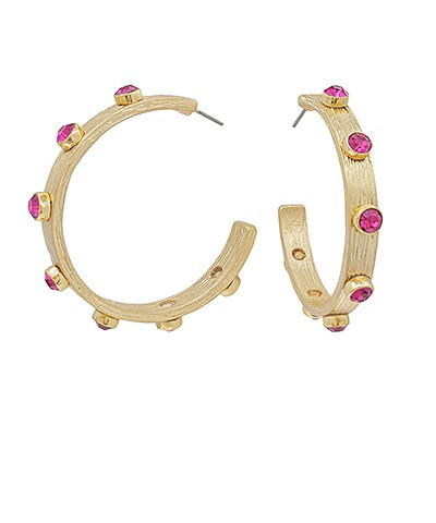 Earrings, Gold Hoops, Small Circular Pink Rhinestones