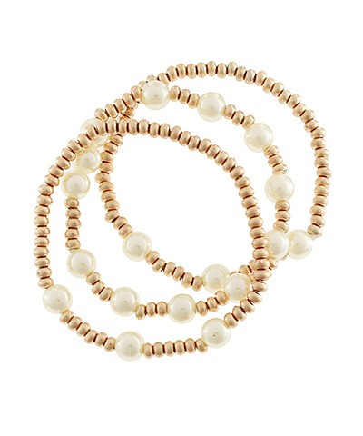 Bracelet Set of 3, Gold and Pearl Beads, Stretchy