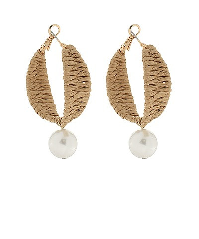Earrings, Brown Rattan w Drop Pearl