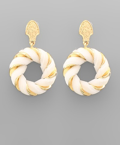 Earrings,  Drop Circle, Gold/ White Velvet