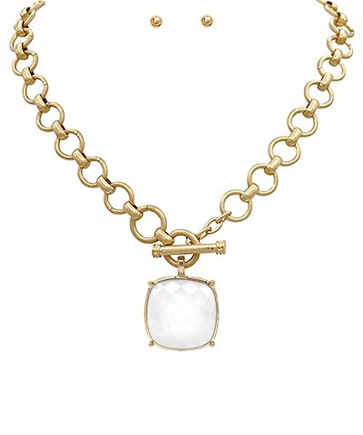 Necklace, White Faceted Stone, Toggle