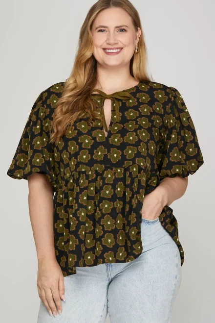 Shirt, Puff Sleeve Clover Bow Tie Front