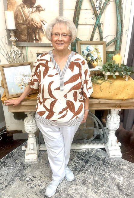 Shirt, Bubble Sleeve Brown Leaves