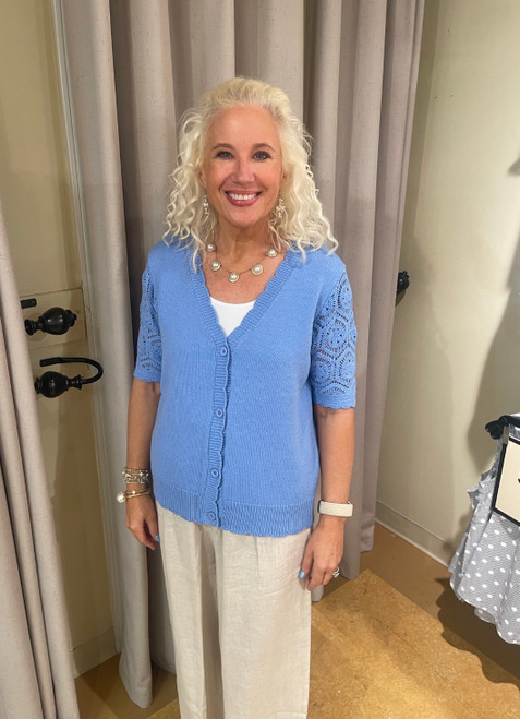 Sweater, Ocean Blue Button Up With Crochet Sleeves