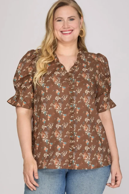 Shirt, Brown Floral Ruffled Neck