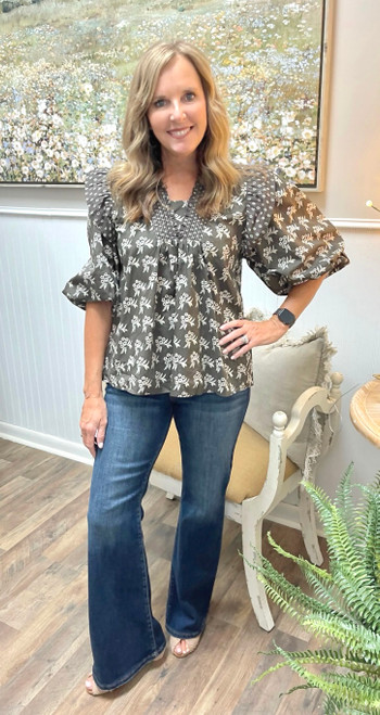 Shirt, Brown Woven Smocked Neck