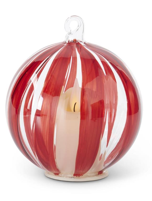 Ornament, LED Handpainted Red Stripe Clear w/ Timer