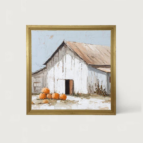 Wall Art, Barn With Pumpkins With Gold Frame 8.5"x8.5"