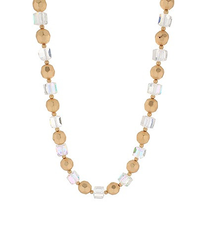 Necklace, Clear Square Beades and Round Gold