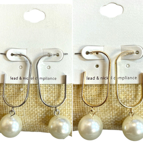 Earrings, Squared Hoops With Drop Pearl- Silver or Gold