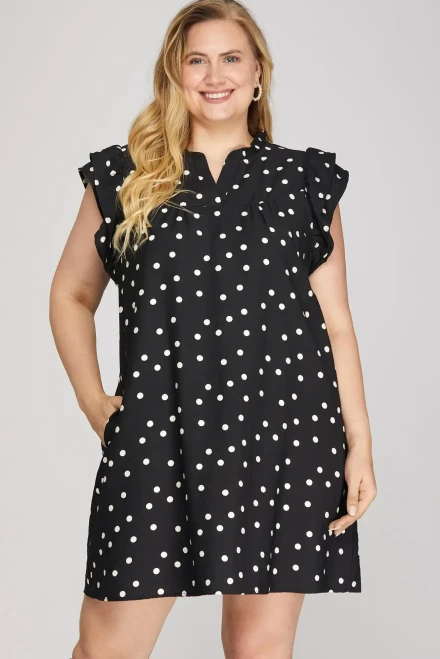 Dress, Polka-Dot Black and White Ruffle Sleeve