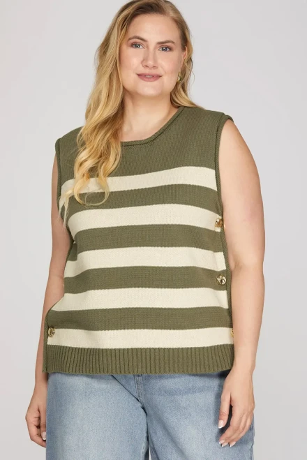 Vest, Olive/Ivory Stripe With Gold Side Buttons