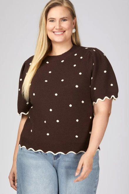Shirt, Brown Polka-Dot Sweater With Scallop