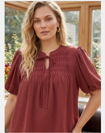 Shirt, Wine/Burgundy Pinktuck Detail With Neck Tied Woven