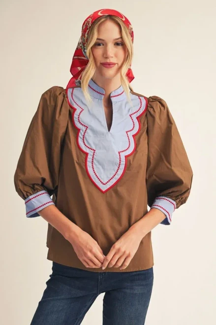 Shirt, Brown Puff Sleeves With Blue/Red Embroidered Neckline and Cuffs